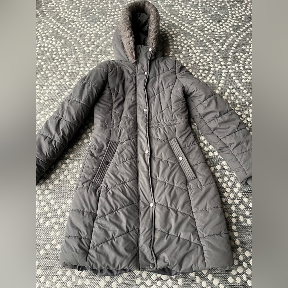 A New Day Parka Coat Jacket Fur Hood Small pewter gray grey quilted puffer zip - Picture 2 of 13